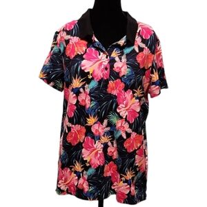 Time and Tru - black floral Hawaiian polo shirt XXL